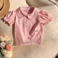 thumbnail image 4 of LNMQLPDBS Toddler Girl Short Sleeve Ruffle Edge Clollared T-Shirts Cute Puff Sleeve Pleated Front Tops Summer Blouse for Beach Party Vacation, 4 of 9