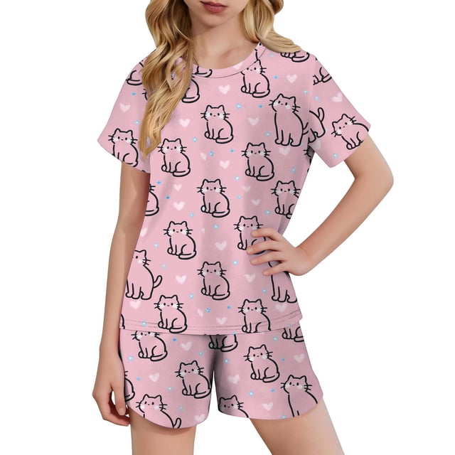 Kids Girls Fashion Cute Print Loose Short Sleeve Top Shorts Set Homewear Set