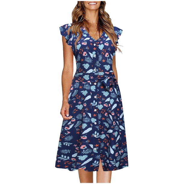 Moda Mujer Vestidos Verano Impresión Casual Cuello en V Manga corta Botón Vacaciones Playa Mini vestido Fridja qw6654