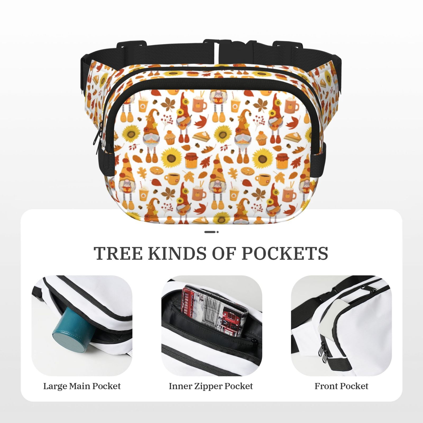 Picia Gnomes Autumn Harvest Print Square Double-Layer Waist Bag Mini Adjustable Waist Belt Bag Exercise Running Travel Hiking