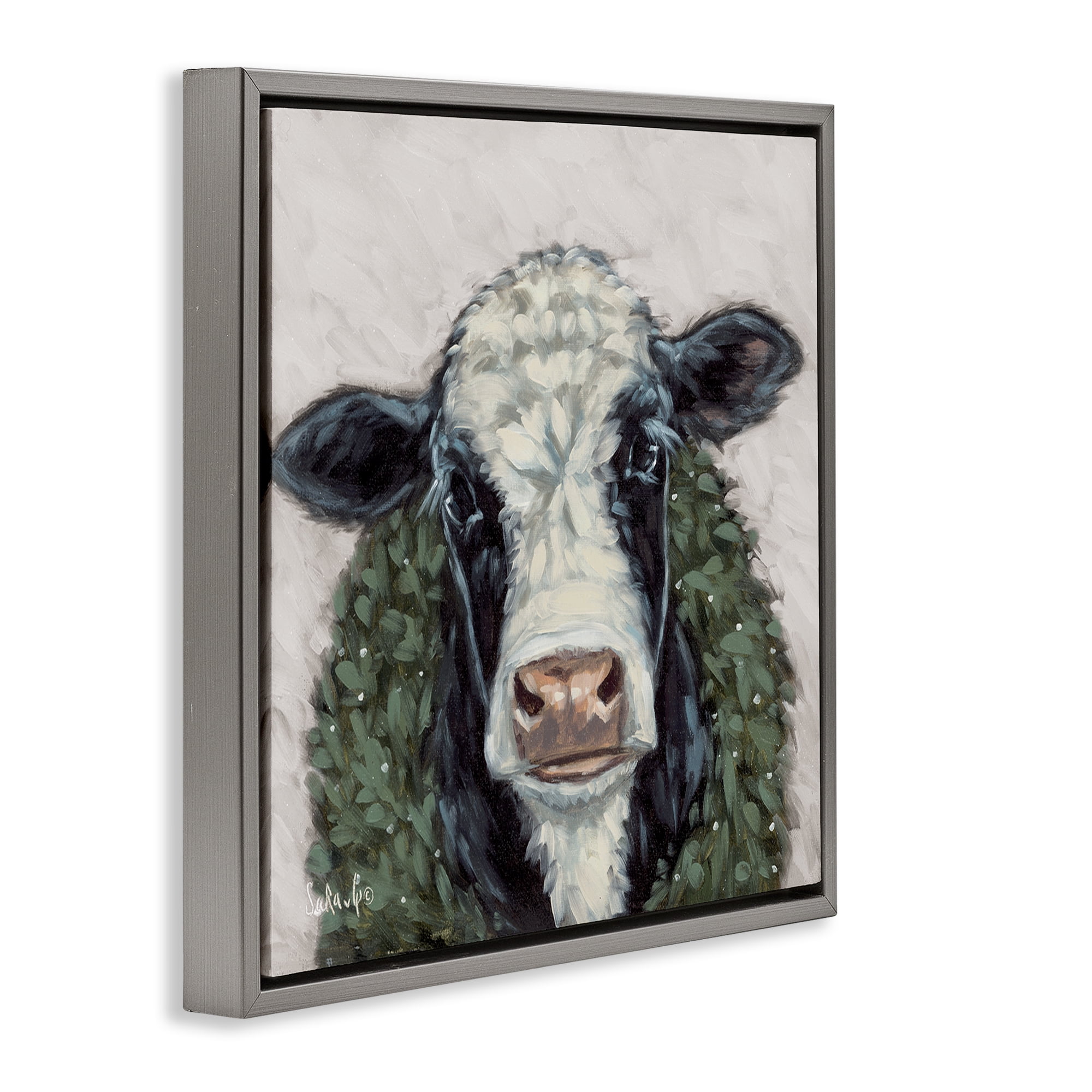 Stupell Industries Spotted Cow with Wreath Holiday Painting Gray Floater Framed Canvas Art Prints Wall Art, 18 x 18