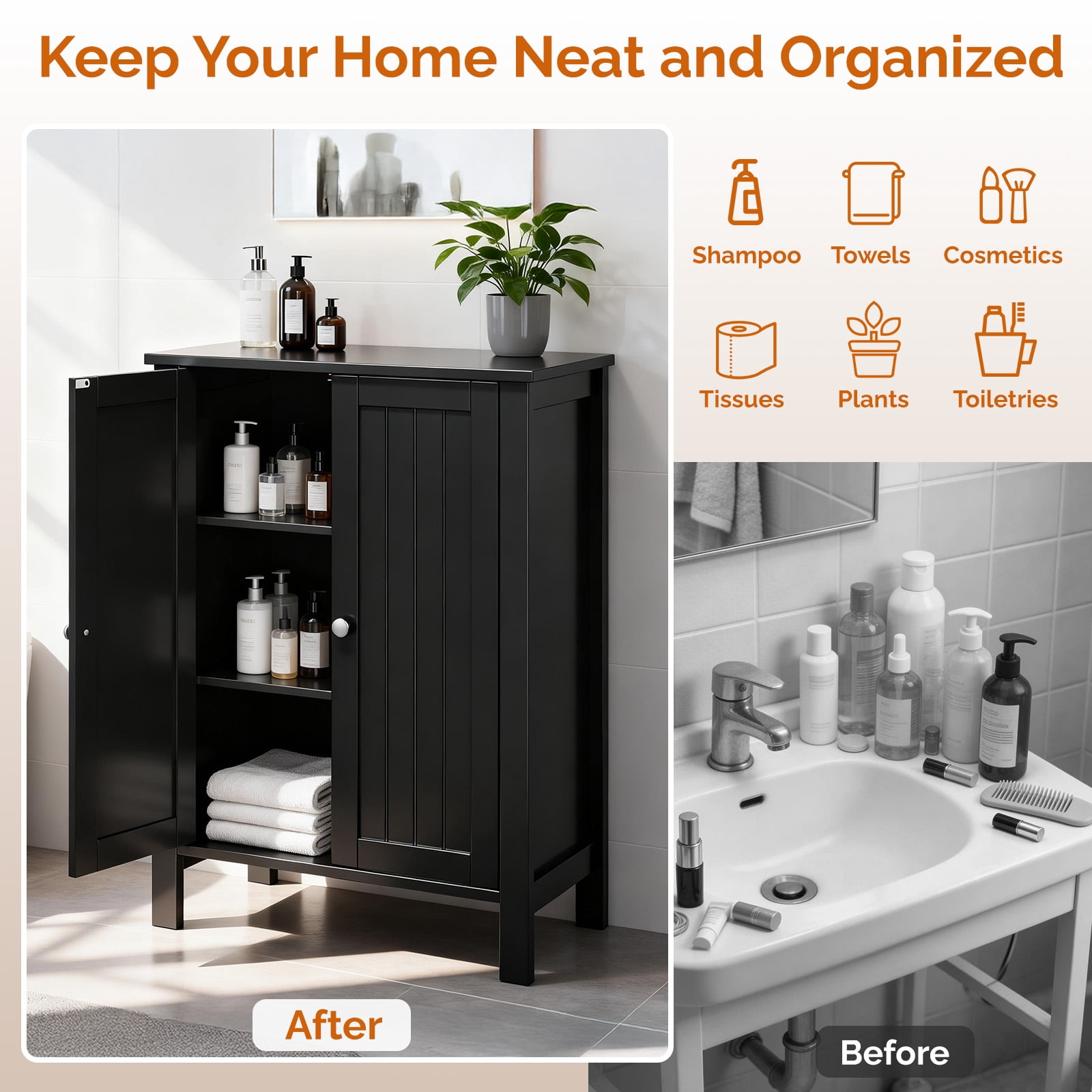 Ktaxon Bathroom Floor Cabinet Storage with 2 Doors and Adjustable Shelves, Black