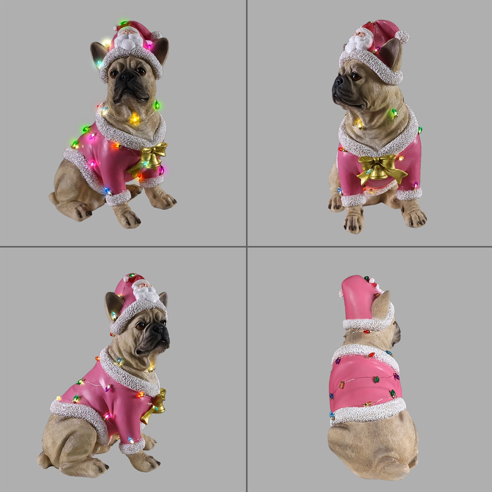 French Bulldog Pink Santa Outfit Christmas Dog Statue with Gold Bow Holiday Tabletop Decor