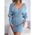 thumbnail image 6 of Women'S Cocktail Batwing Long Sleeve Wrap Knit Sweater Mini Dress  Blue L, 6 of 9