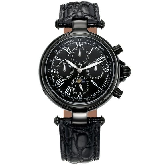 BERNY Automatic Watch for Men Classic Mechanical Self Winding Wristwatch 3ATM Waterproof Multi-Functional Dials Date, Week, Month and Moon Phase