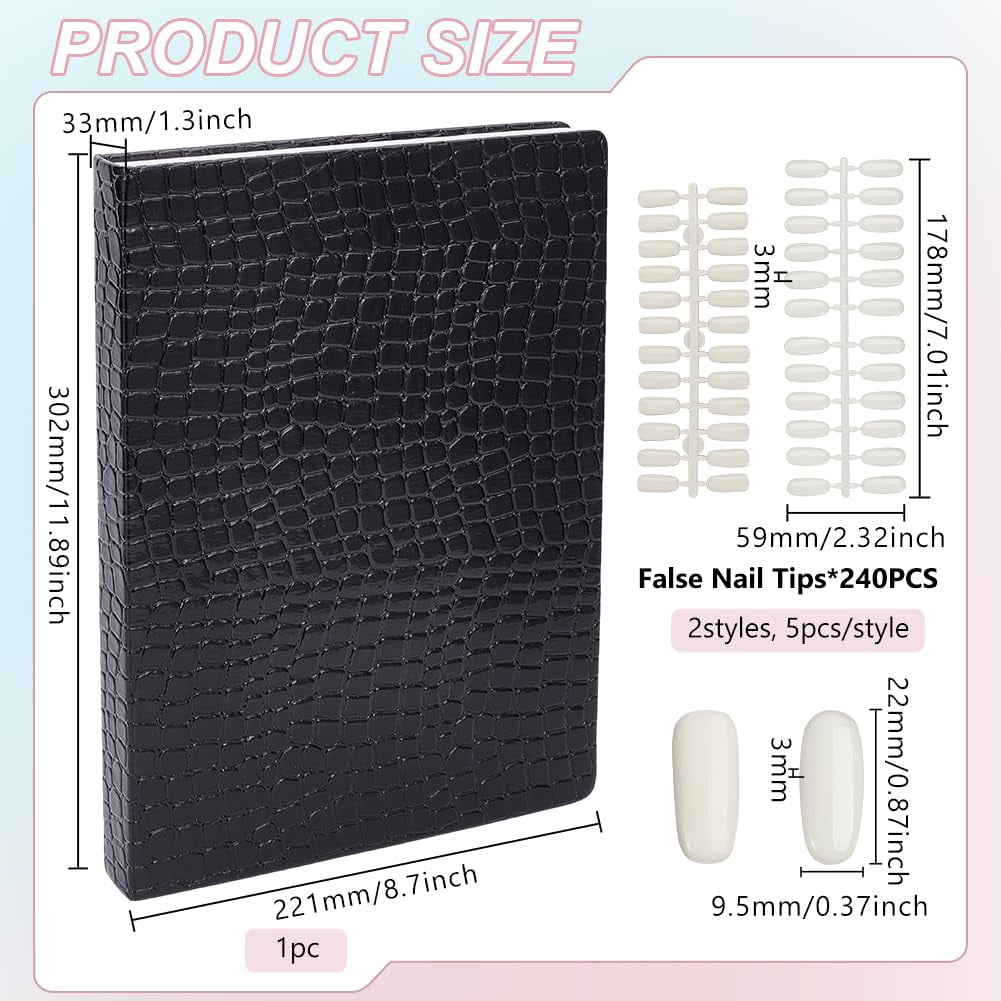 216 Colors Black Nail Display Chart Nail Color Swatches with 480pcs 2 Style False Nail Tips Salon Nail Sample Tool for Nail Painting Practice