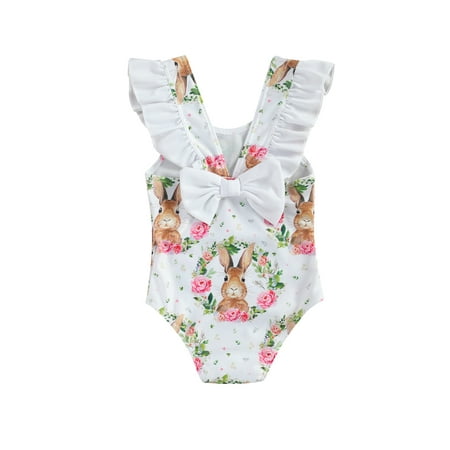 

Xiaoluokaixin Little Girls One-piece Swimsuit Bunny Floral Fly Sleeve Swimwear Cqh