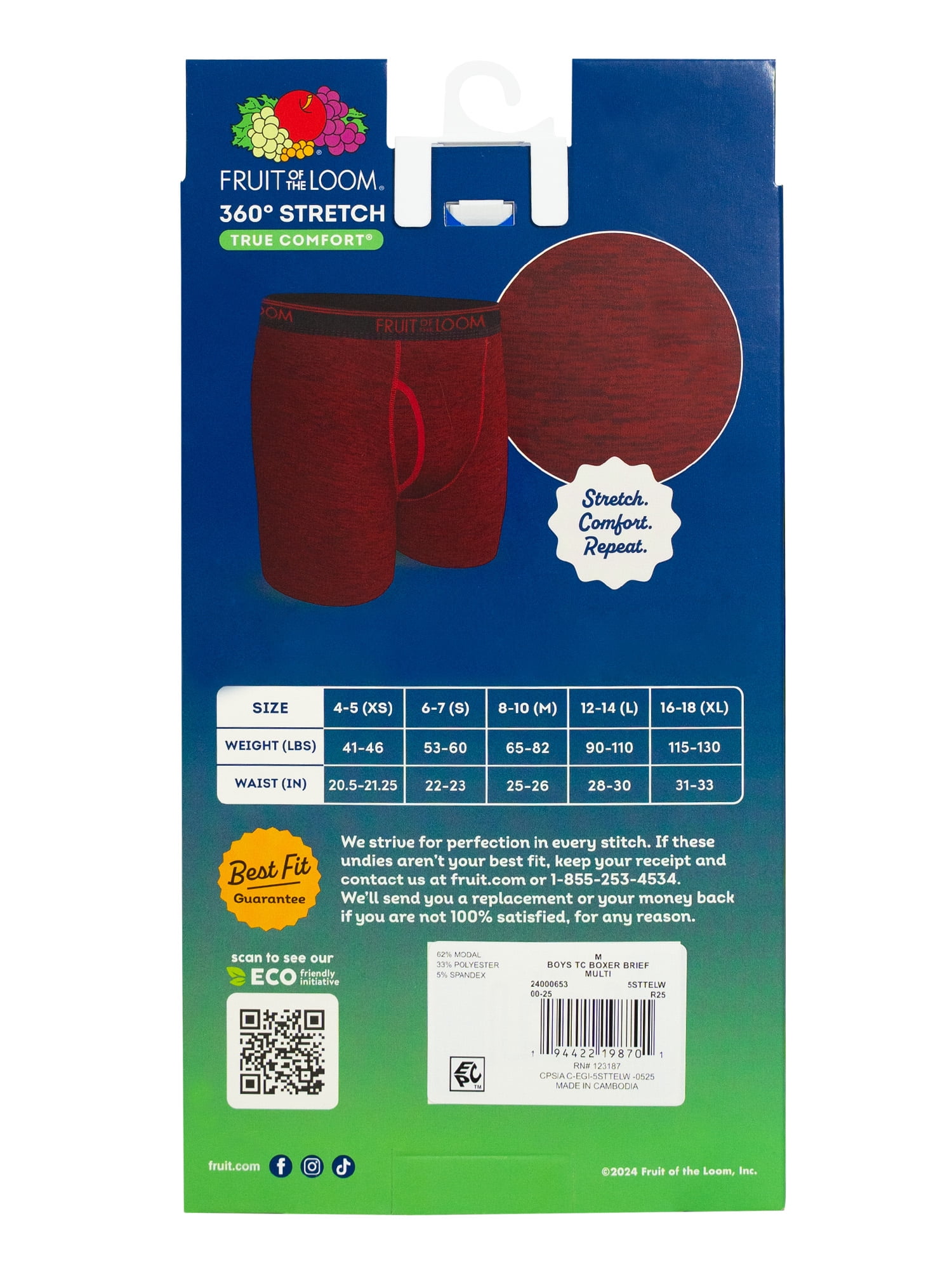 Fruit of the Loom Boys' 360 Stretch True Comfort Boxer Brief Underwear, 5-Pack, Sizes S-XL