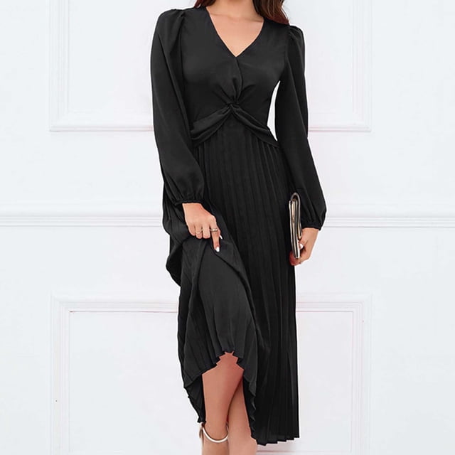 Pisexur Robe à Manches Longues Col en V Mode Femme Robe Plissée Unie Col en V