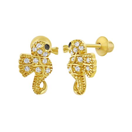 18k Gold Plated Clear Crystal Little Seahorse Screw Back Earrings for Girls