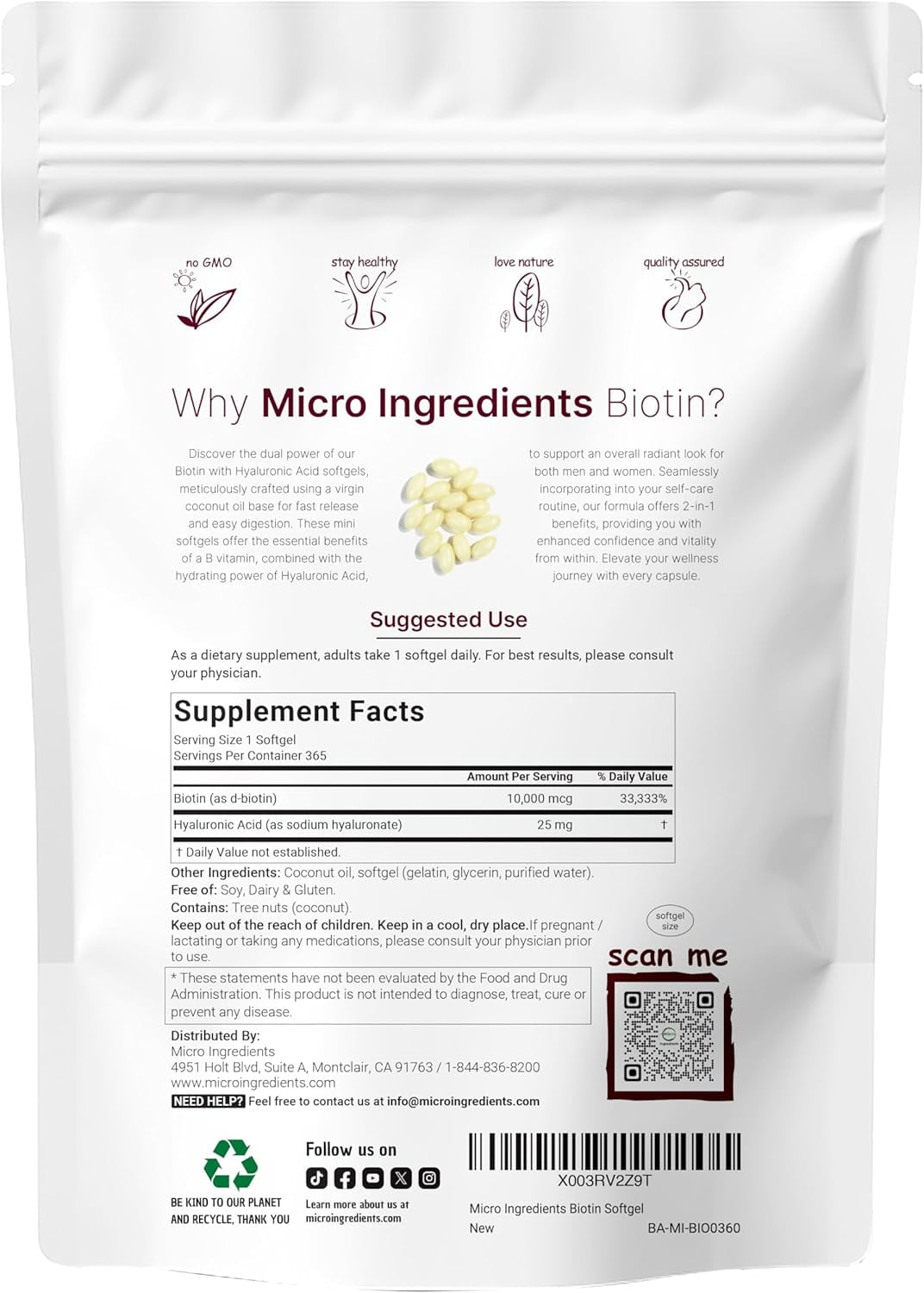 Micro Ingredients Biotin 10000 mcg w/Hyaluronic Acid 25mg, 365 Virgin Coconut Oil Softgels (1-Year Supply) | Supports Healthy Hair, Skin & Nails