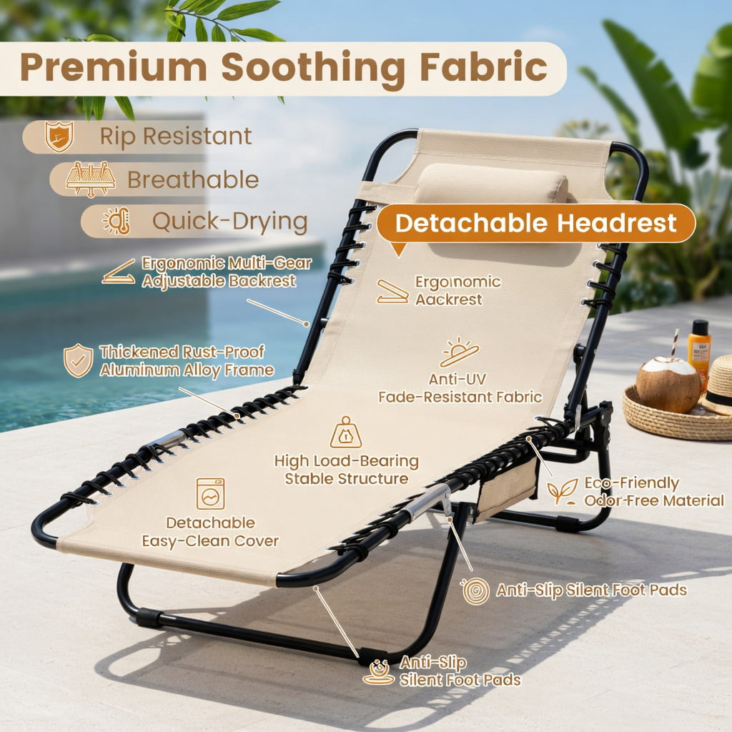 Hommoo 4-Position Adjustable Folding Lounge Chair, Chaise with Removable Headrest, Heavy-Duty Steel Frame, Perfect for Poolside, Backyard & Camping, Beige