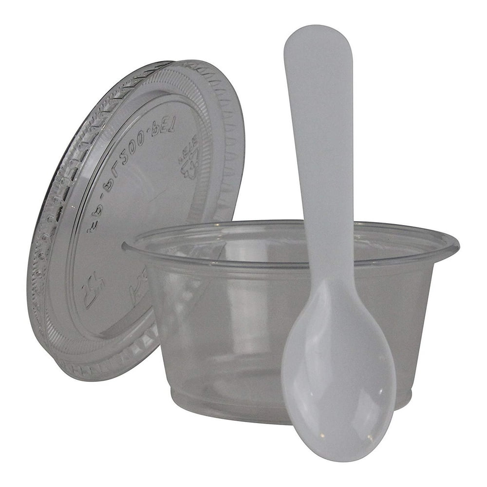 Disposable Clear 2oz Plastic Condiment Cups with Lids and 3" Sampling
