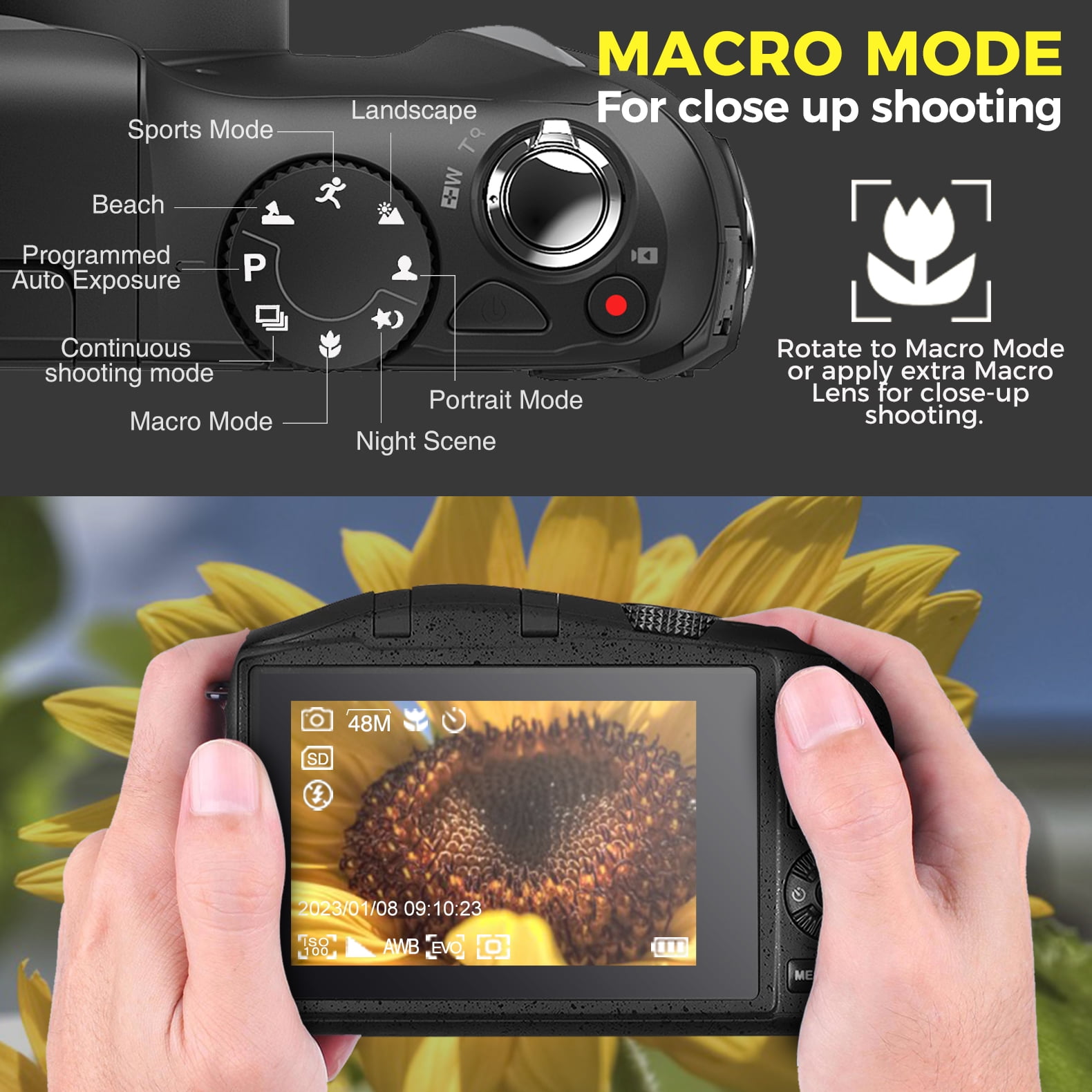 Digital Camera with Macro & Wide Angle Lens 48MP 4K Autofocus Vlogging Camera for Photography 3.0 Inch Screen Compact Camera for Beginners Teens with Rechargeable Battery