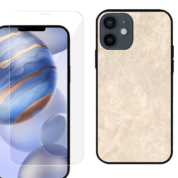 Slim-Fit Protective Phone Case (Black) compatible with iPhone 12 / iPhone 12 Pro, with Tempered Glass Screen Protector, by OneToughShield ® - Marble / Latte