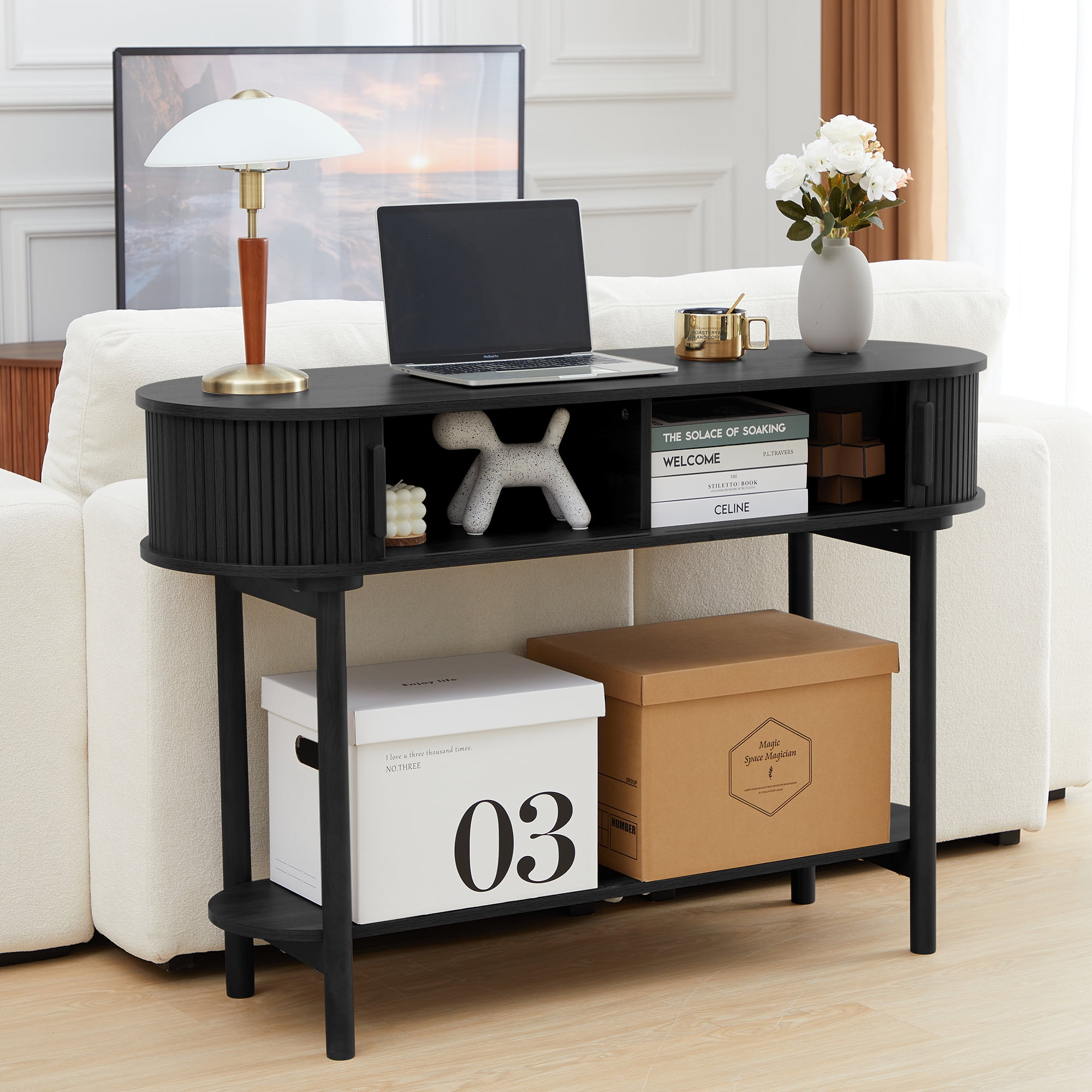 Wirrytor Black Console Table with Storage, Wood 2-Tier Modern Sofa Table for Living Room, Narrow Sofa Table with Sliding Door and Open Storage Shelf, Hallway Table and Couch Table Behind Sofa