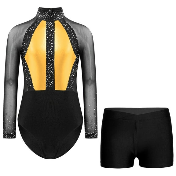 Alvivi Kids Girls Gymnastics Leotard with Shorts Set Mesh Patchwork Long Sleeve Ballet Dance Wear Gold&Black 10