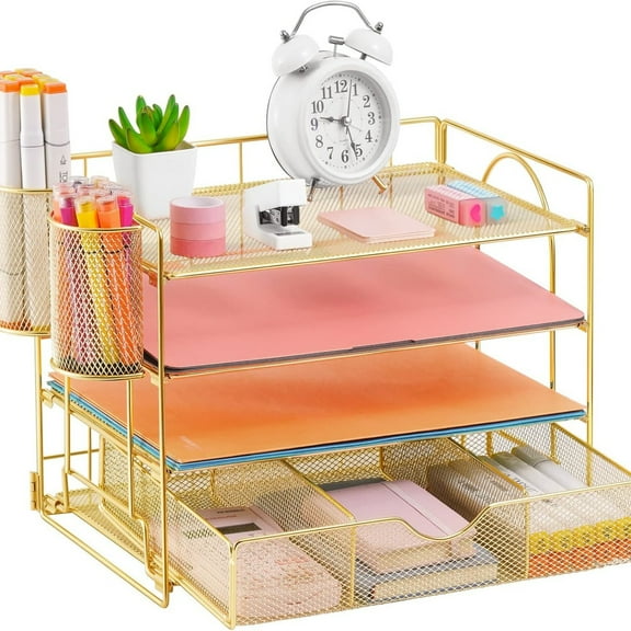 Paper Letter Tray Organizer with File Holder, 4-Tier Desk Accessories & Workspace Desk Organizers with Drawer and 2 Pen Holder for Office Supplies (Gold)
