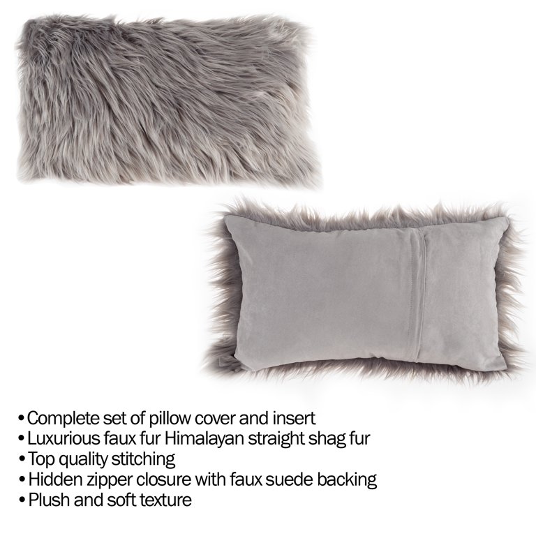 White 12 in. W x 20 in. L Faux Mongolian Fur Decorative Lumbar Throw Pillow