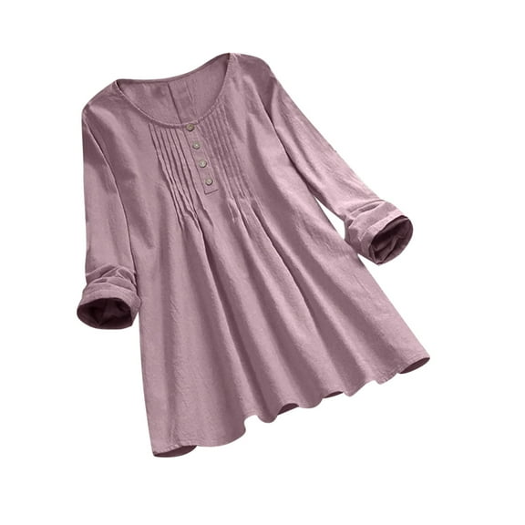KBKYBUYZ Women's Stylish Solid Color Button T-shirt Long Sleeves Blouse Round Neck Casual Tops