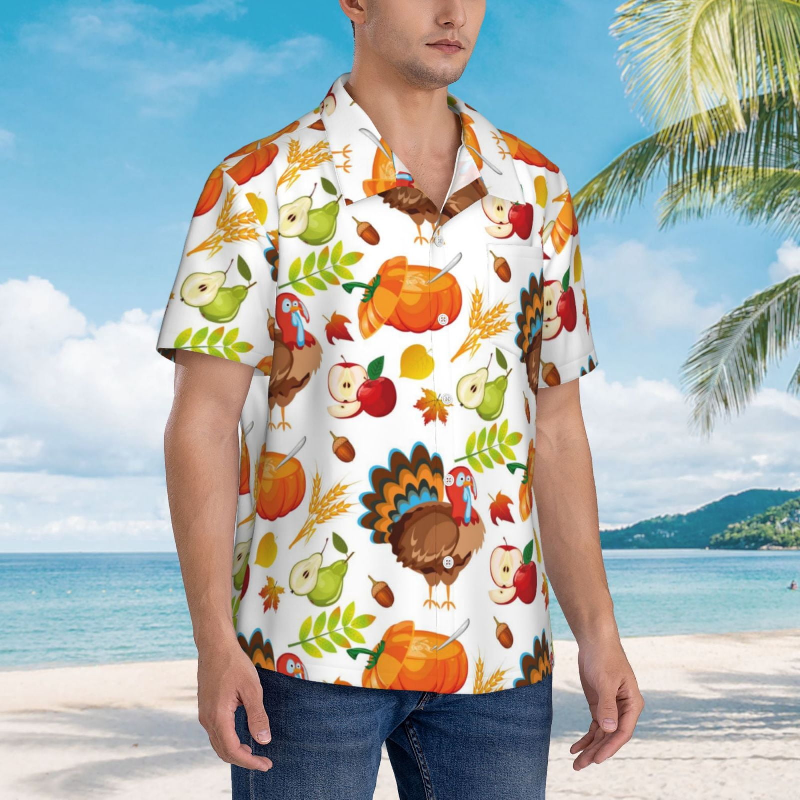 Logiee Thanksgiving Turkey Print Mens Hawaiian Shirts,Loose-Fit Short Sleeve Button Down Tropical Aloha Beach Shirt,Summer Vacation Wedding Tops,Small
