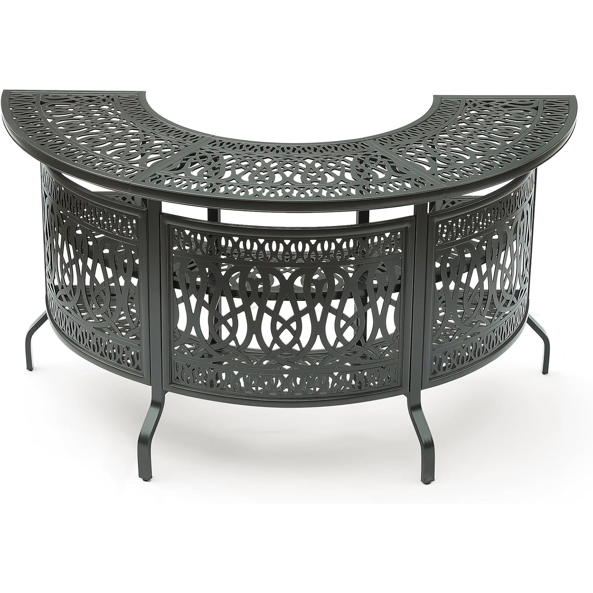 VIVIJASON 75" Outdoor Half Moon Bar Table, Heavy-Duty Cast Aluminum Patio Bar Unit with 2-Tier Storage Shelves, Weather-Resistant Garden & Poolside Entertainment Station, Dark Bronze