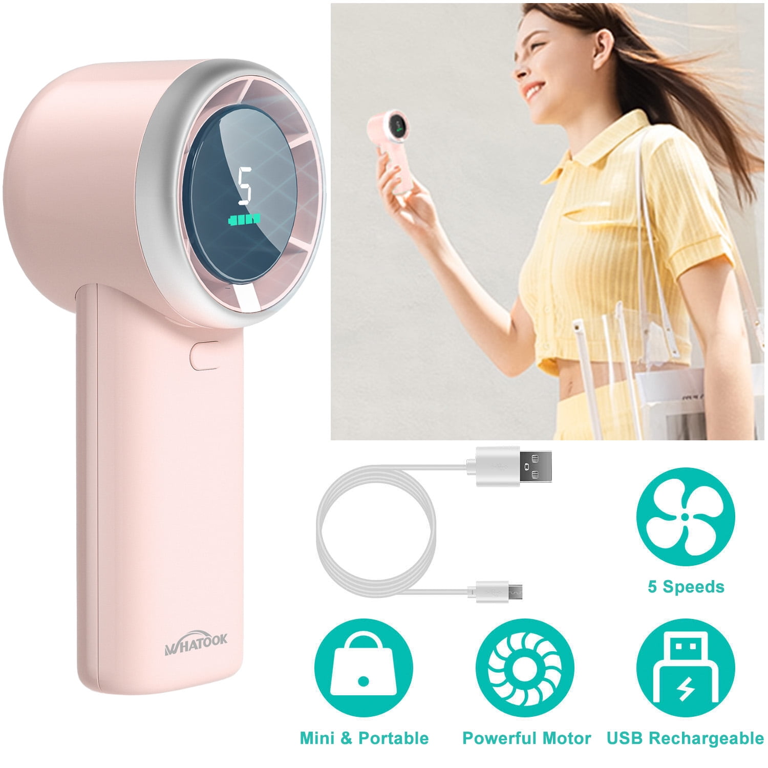 WHATOOK Portable Handheld Fan, Adjustable Mini Fan,Rechargeable Personal Fan,Digital Display,Gifts for Women Men Travel/Camping/Outdoor-Pink