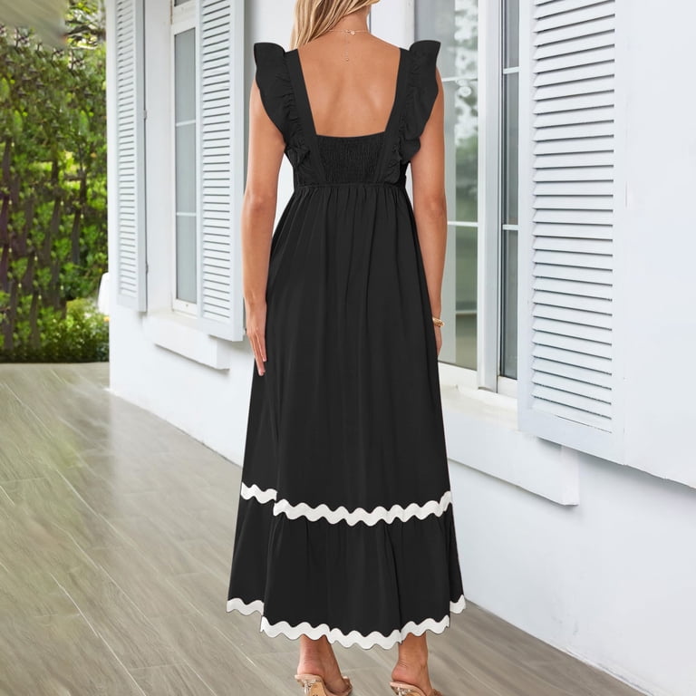 Dailytrove Women's Solid Color Square Neck Maxi Dress, Short Sleeve, Casual Garden & Brunch Wear, Lightweight Cotton Blend, Fit & Flare, Contrast Trim Dailytrove Women's Solid Color Square Neck Maxi Dress, Short Sleeve, Casual Garden & Brunch Wear, Lightweight Cotton Blend, Fit & Flare, Contrast Trim