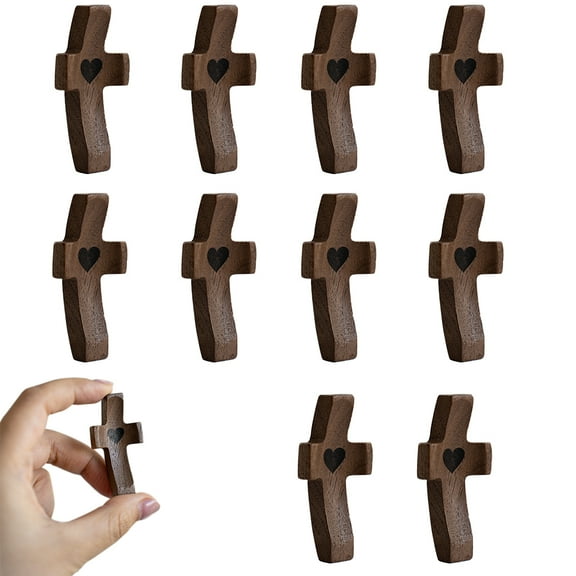 MIGAKU HOME Religious Wooden Cross - Handmade Small Fidget for Stress Relief, Christian Baptism Gifts, Pocket Cross My Heart Clutching Prayer (10 Pcs)