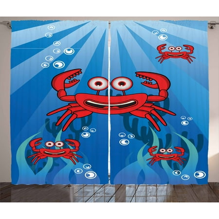 - Crabs Curtains 2 Panels Set, A Group of Funny Crab Underwater with Smiling Happy Faces Bubbles Coral and Sun Rays, Window Drapes for Living Room Bedroom, 108W X 90L Inches, Blue Red, by Ambesonne