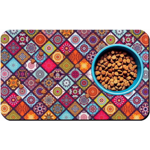 Dog Food Mats for Floors Boho Waterproof Mat for Cat Food and Water Bowls - Absorbent Quick Dry Non Slip Mat for Pet Feeding