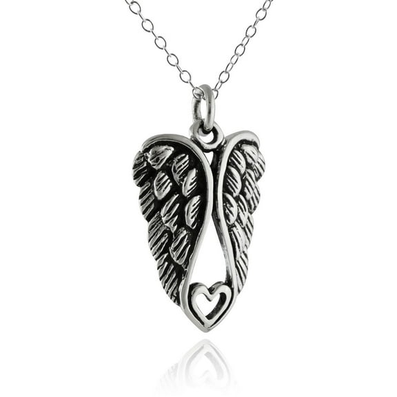Sterling Silver Angel Wings with Heart Charm Necklace, 18" Chain