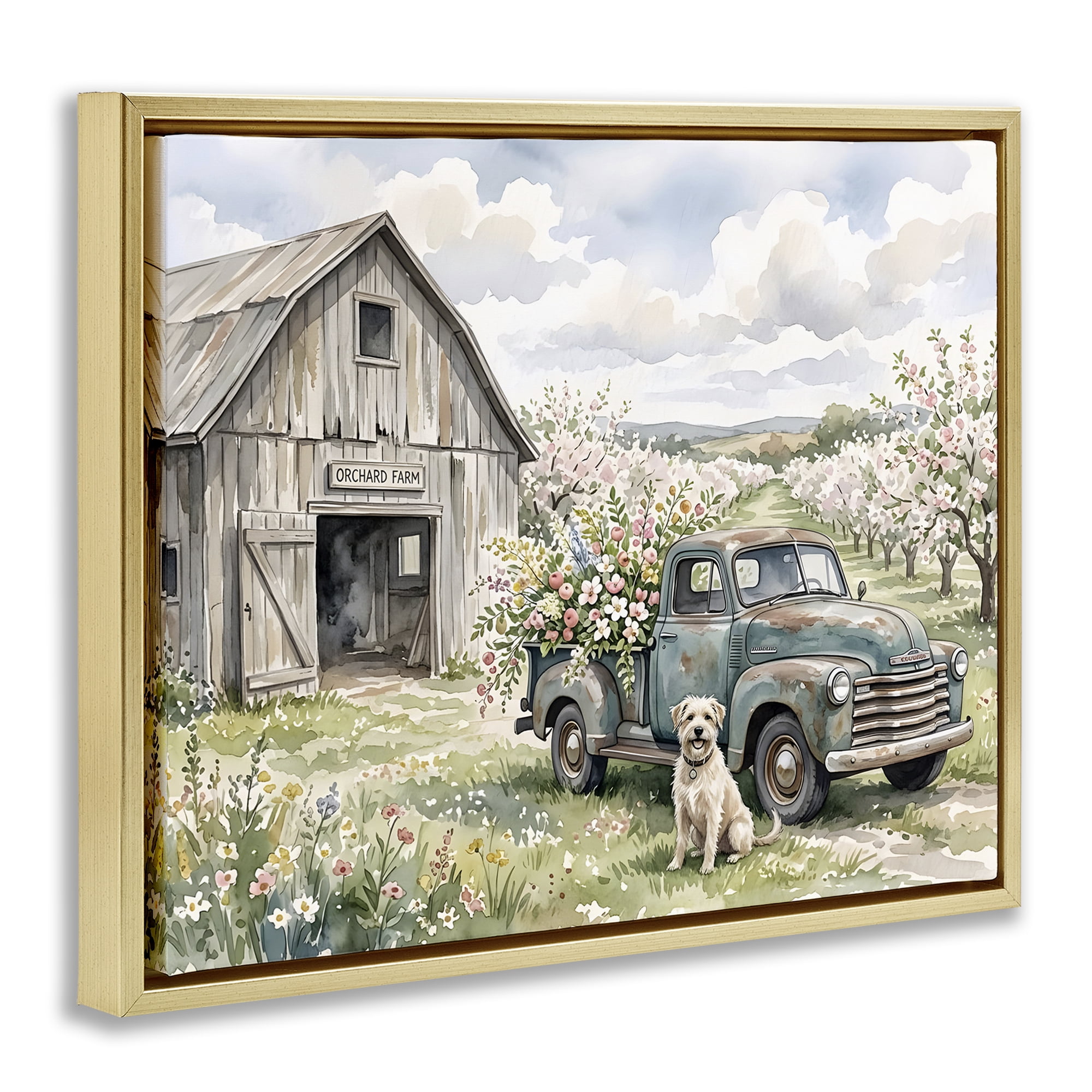 Stupell Industries Spring Orchard and Truck Gold Framed Floater Canvas Wall Art, design by Tabz Jones