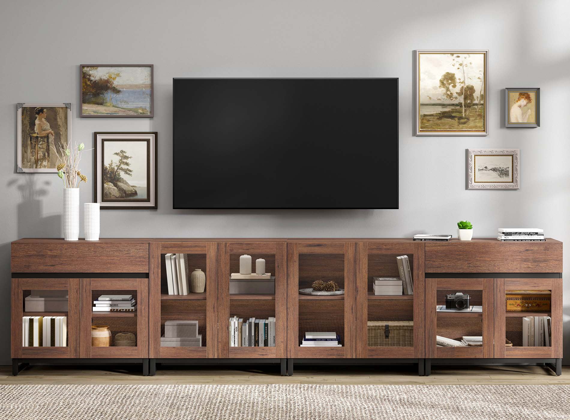 Modern TV Stand For Tvs Up To 120 Inches, 4 In 1 TV Console With Glass Doors And 2 Drawers, Entertainment Center With Adjustable Shelf For Living Room, Bedroom,Brown