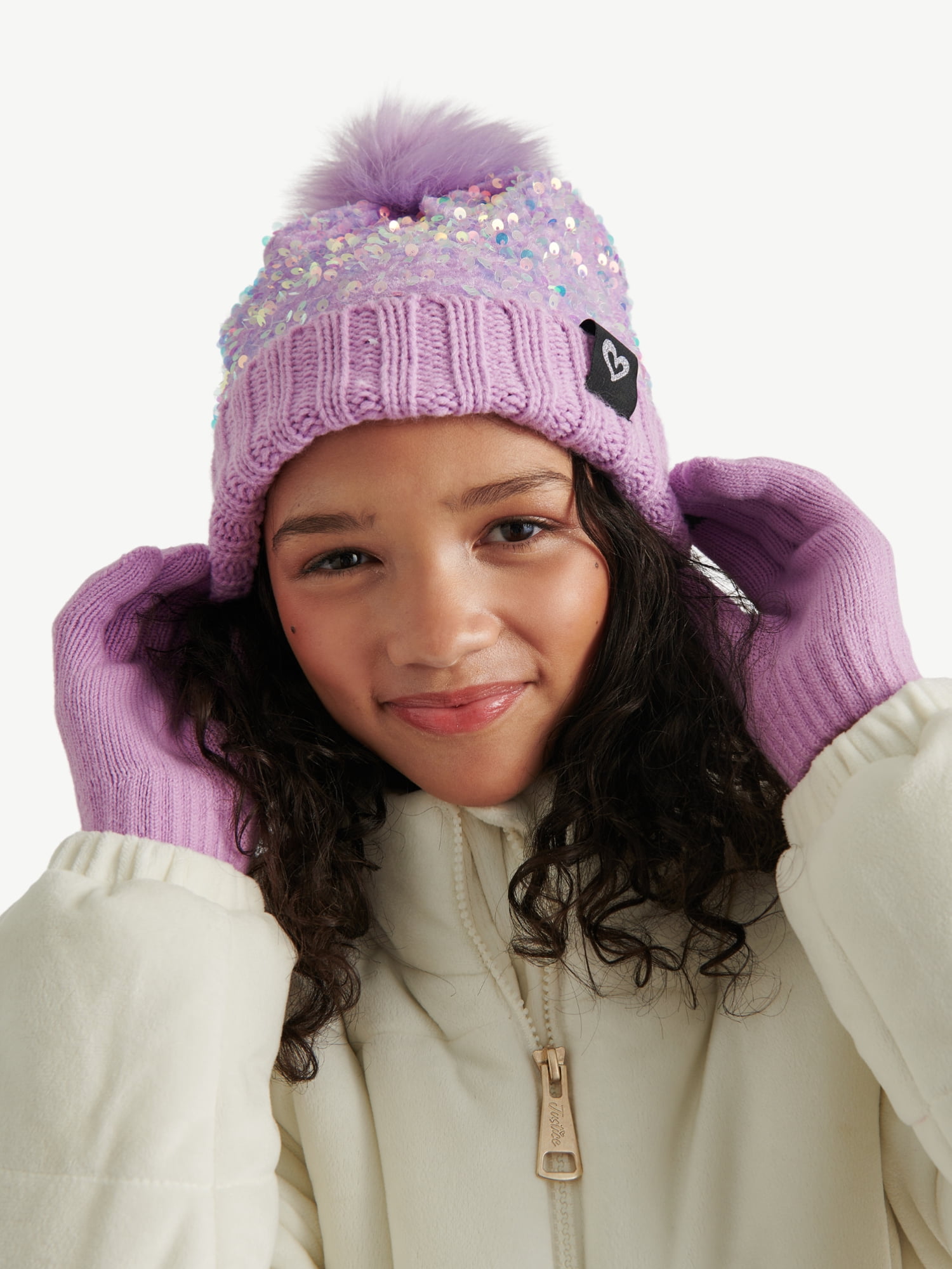 Justice Girls Velvet Sequin Hat and Glove Set, Purple