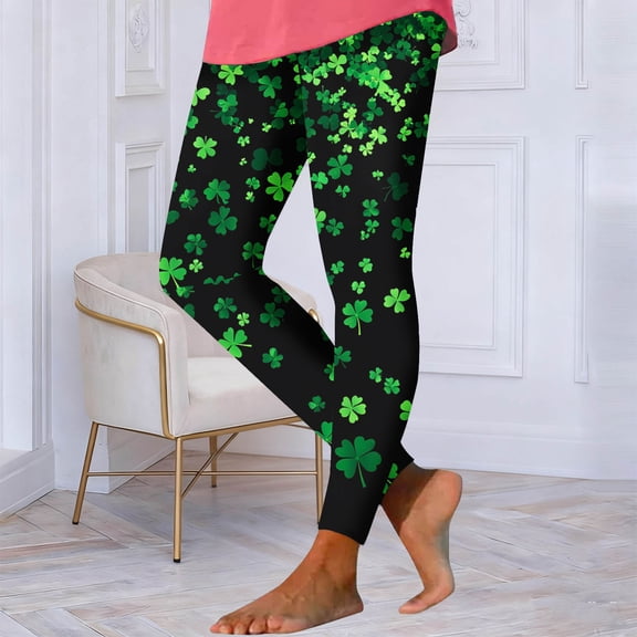 St Patricks Day Leggings for Women Shamrock Irish Stretchy Pant Soft Tummy Control Workout Yoga Casual Pants Black S