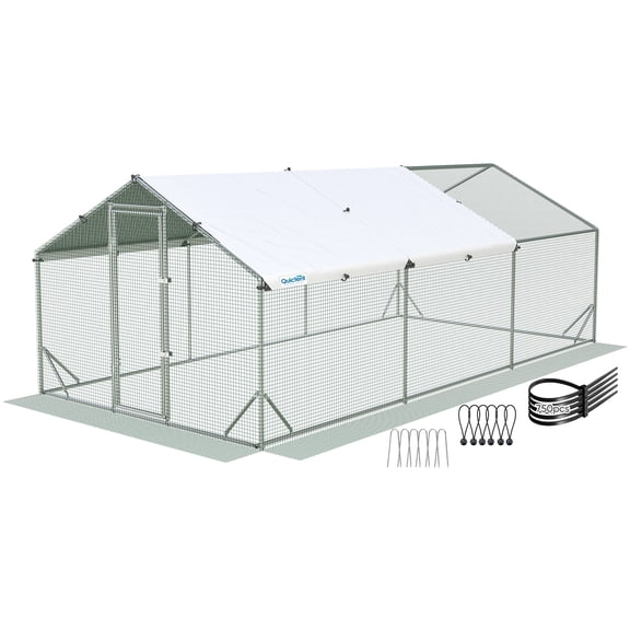 Quictent Large Metal Chicken Coop Run for 30  Poultry with Galvanized Hardware Cloth and Waterproof Roof Cover, Outdoor Walk-in Cage Peak Hen House for Yard Farm, 18x9x6.6FT