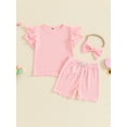 thumbnail image 2 of Bagilaanoe 3pcs Toddler Baby Girl Shorts Set Short Sleeve T Shirt Tops + Shorts + Hairband 6M 12M 18M 24M 3T Kids Casual Summer Clothes, 2 of 7