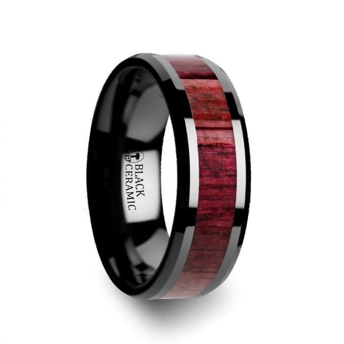 Thorsten MORADO Purple Heart Wood Inlaid Black Ceramic Ring with Beveled Edges - 8mm Thorsten MORADO Purple Heart Wood Inlaid Black Ceramic Ring with Beveled Edges - 8mm