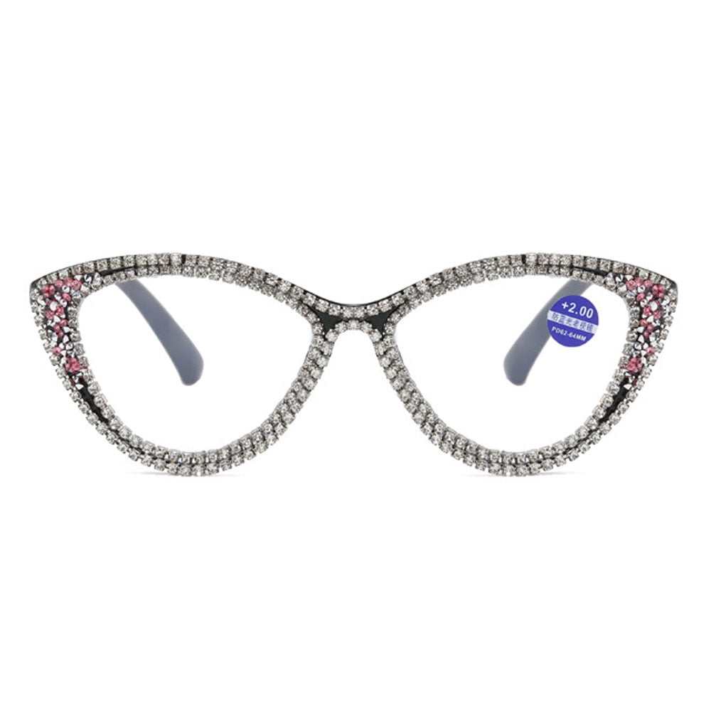 2 Pairs of Ladies Handmade Diamond Reading Glasses 1.50 Women Black Frame Elegant Anti-blue Light Cat Eye Readers +1.50 Strength