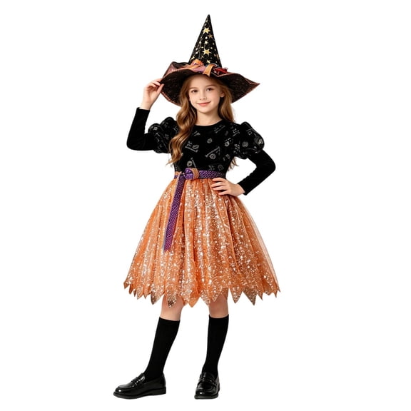 WERYOUNG Girls Halloween Dress Up Outfits Long Sleeve Witch Dress Matching Hat Kids Fancy Party Performance Dresses Sets Trendy Clothes Sets 6-7 Years