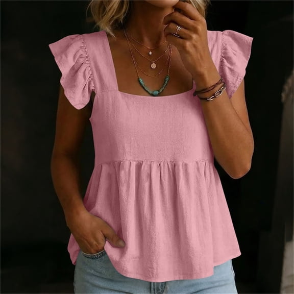 BADHUB Women's Casual Summer Fashion Square Neck Tank Tops Ruffle Strap Sleeveless Flowy Blouse Chiffon Top Shirts Pink M
