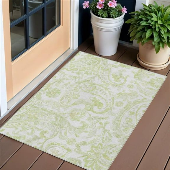 HomeRoots 588654 3 x 5 ft. Paisley Washable Indoor & Outdoor Rectangle Area Rug, Sage, Green & Ivory