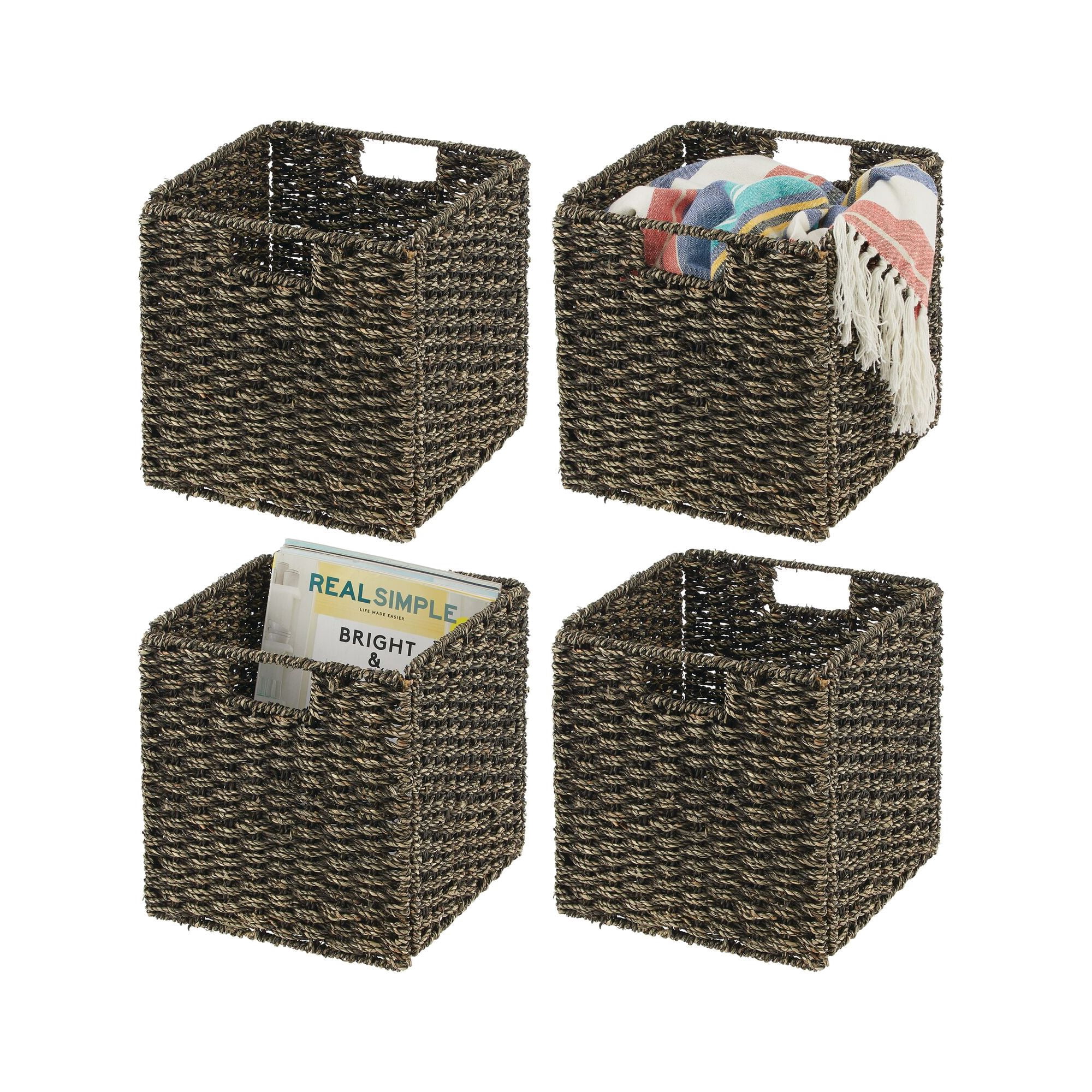 Seagrass Woven Cube Bin Basket Organizer with Handles for Bedroom, Home Office, Bathroom, Shelf and Cubby Organization