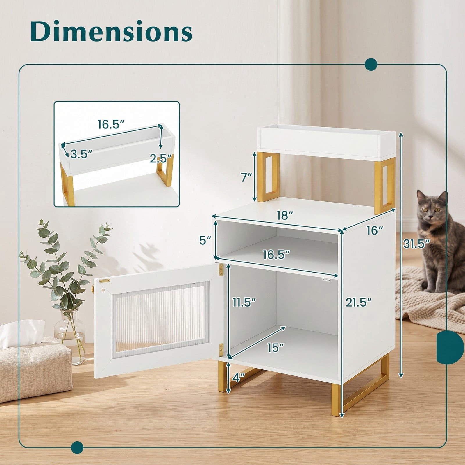 Furnibear Nightstand with LED Lights and Fluted Glass Cabinet Door plus Open Compartment and Raised Display Shelf for Bedroom and Living Room, White