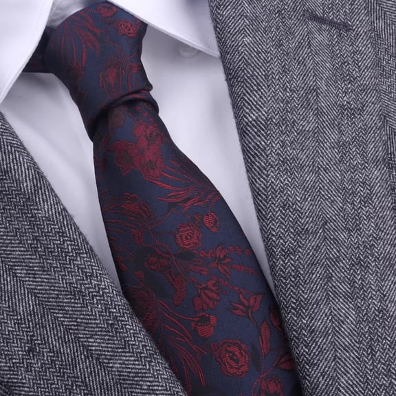 Yongchuantie Men's High-quality 100% Silk Tie With Deep Blue and Red Flower Pattern for Formal Business Banquets 8CM Wide Tie
