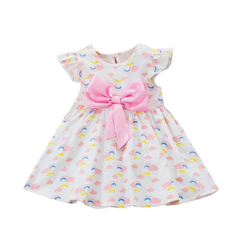 

EHTMSAK Infant Baby Toddler Child Children Kids Summer Sleeveless Dresses for Girls Flutter Sleeve Dress Rainbow Bow Sundress Pink 12M-5Y 100