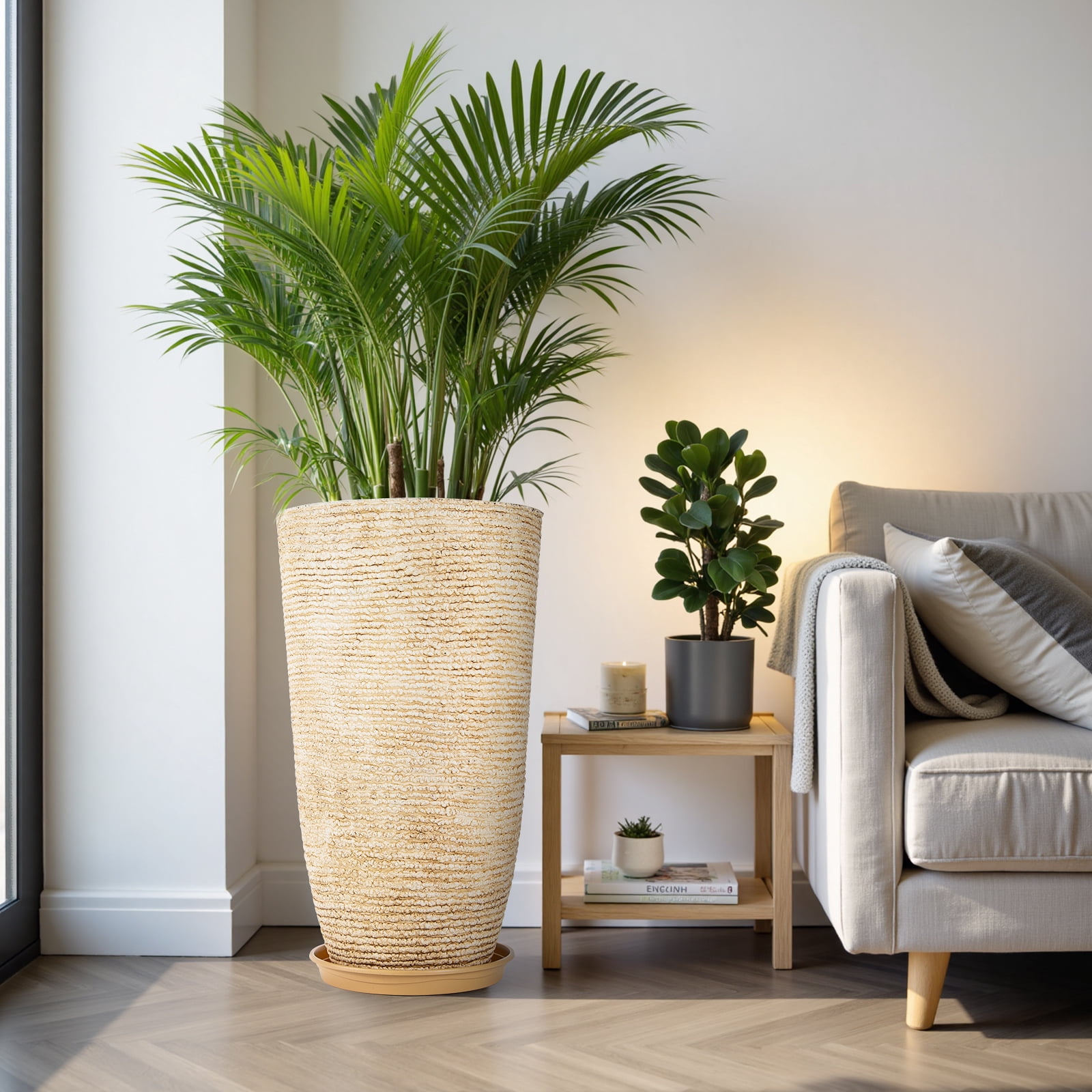QCQHDU 21 inch Tall Planters with Saucer,2 Pack 9 Gallon Stone Round Pots for Indoor Plants,Outdoor Patio & Porch Decor, Heavy Duty Weatherproof Plant Containers,Beige