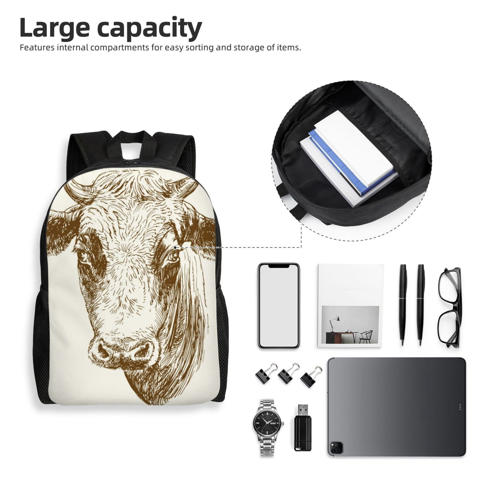 Xecao Cow Print School Backpack with Laptop Compartment Small Travel Laptop Backpack for Women Men Waterproof College Backpack Simple School Bag