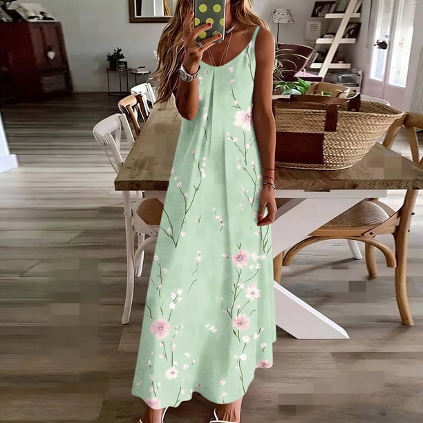 TaTaai Ladies Fashion Print Round Neck Spaghetti Strap Dress Elegant Flowy Soft Material Casual Daily Street Style Holiday Outfits Gift